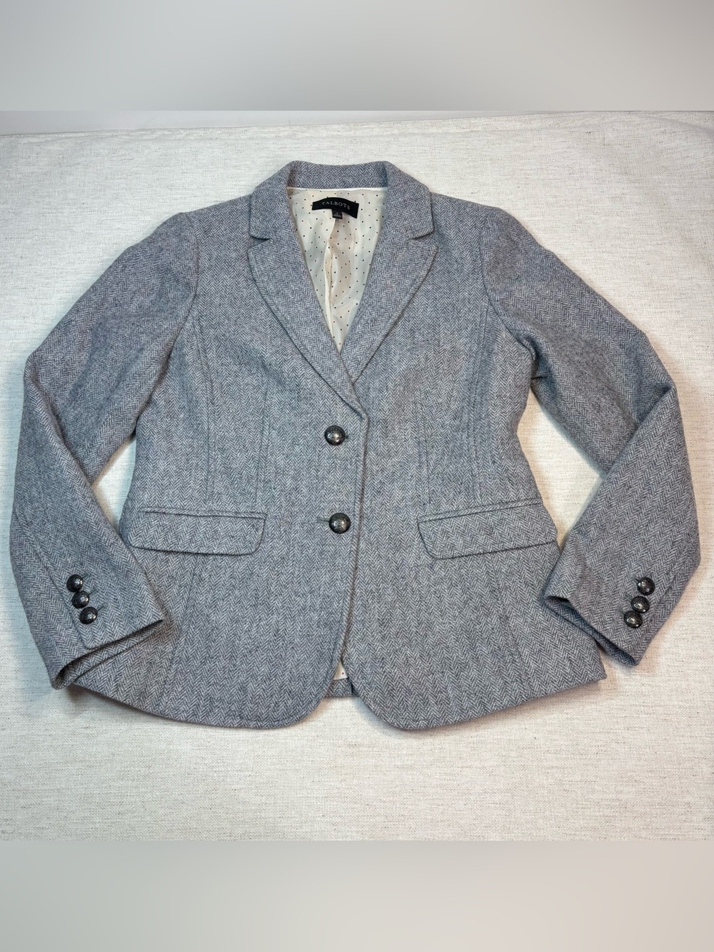 Talbots women’s size 4 Light Gray Herringbone Wool-Blend Blazer long sleeve